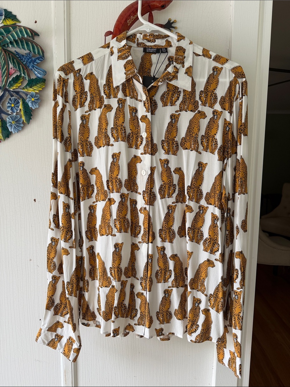 Women’s White Button-Down Shirt with Golden Leopard Print